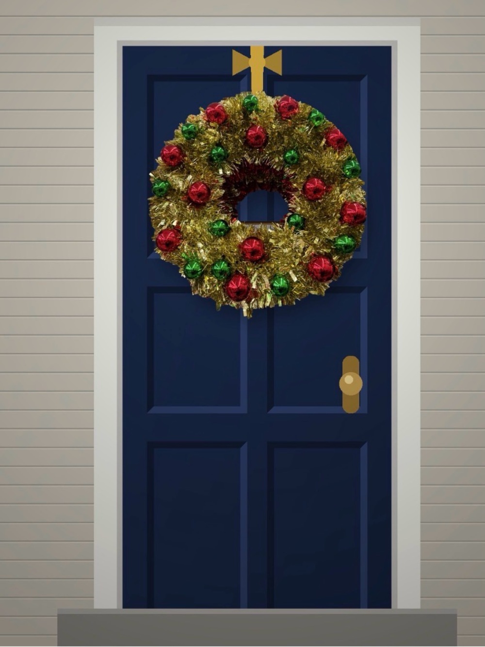 Festive Gold Tinsel Holiday Wreath with Red and Green Ornaments